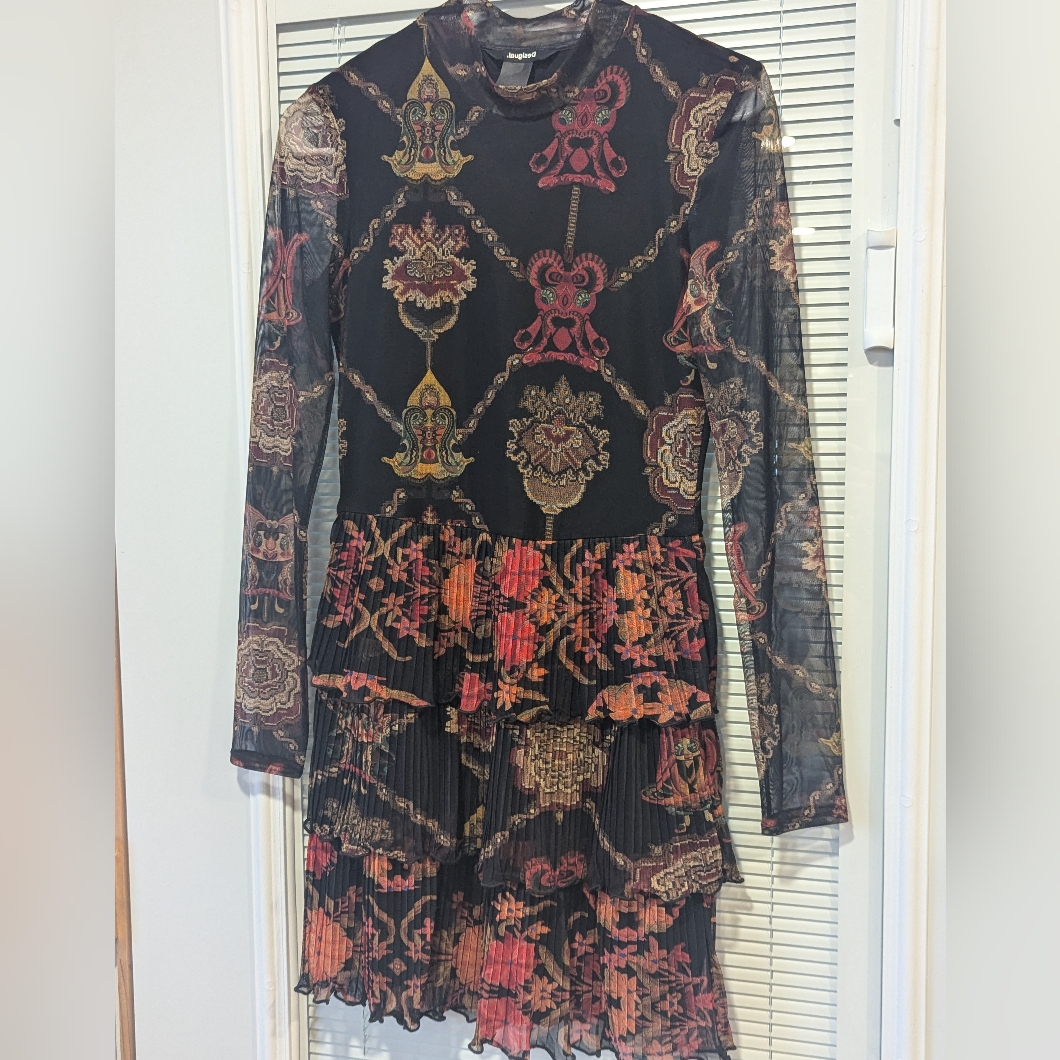 Desigual Women's Short Tunic Dress Small Pleated Skirt Mini Long